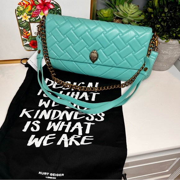 Kurt Geiger Long Kensington Quilted Leather Shoulder Bag Turquoise NWT - Picture 3 of 14